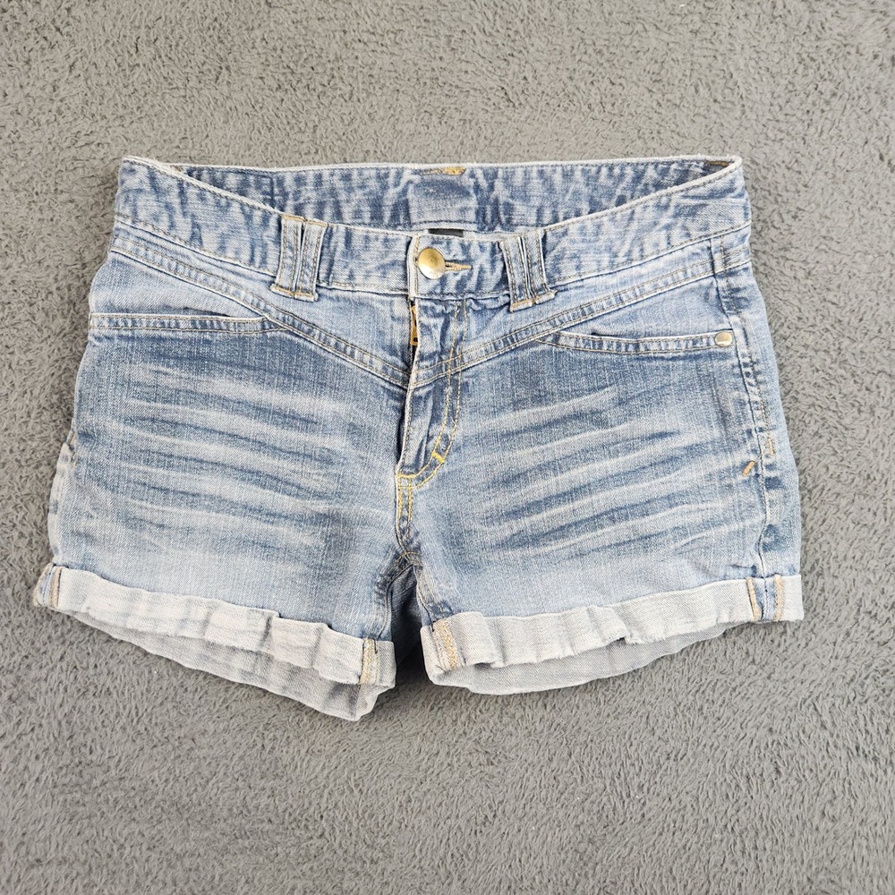 Express Y2K Vintage Mini Denim Blue Jean Shorts Womens 2/4 Cuffed Whiskered 28"